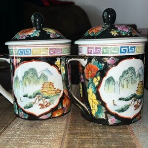 2 Chinese Hand Painted Porcelain Cups w/ Lids. Gorgeous